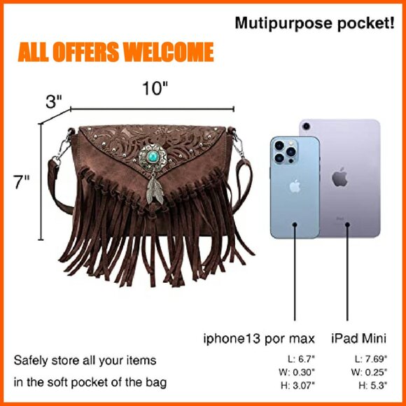 Small Crossbody Bag with Fringe Tassel Detachable Strap Multi-Pocket
